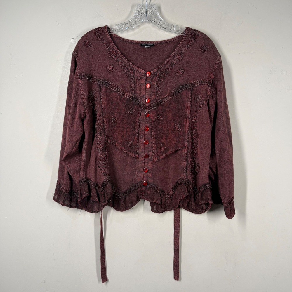 L'Pogee Burgundy Embroidered Button Front Blouse Boho Witchy Fairy Whimsygoth OS